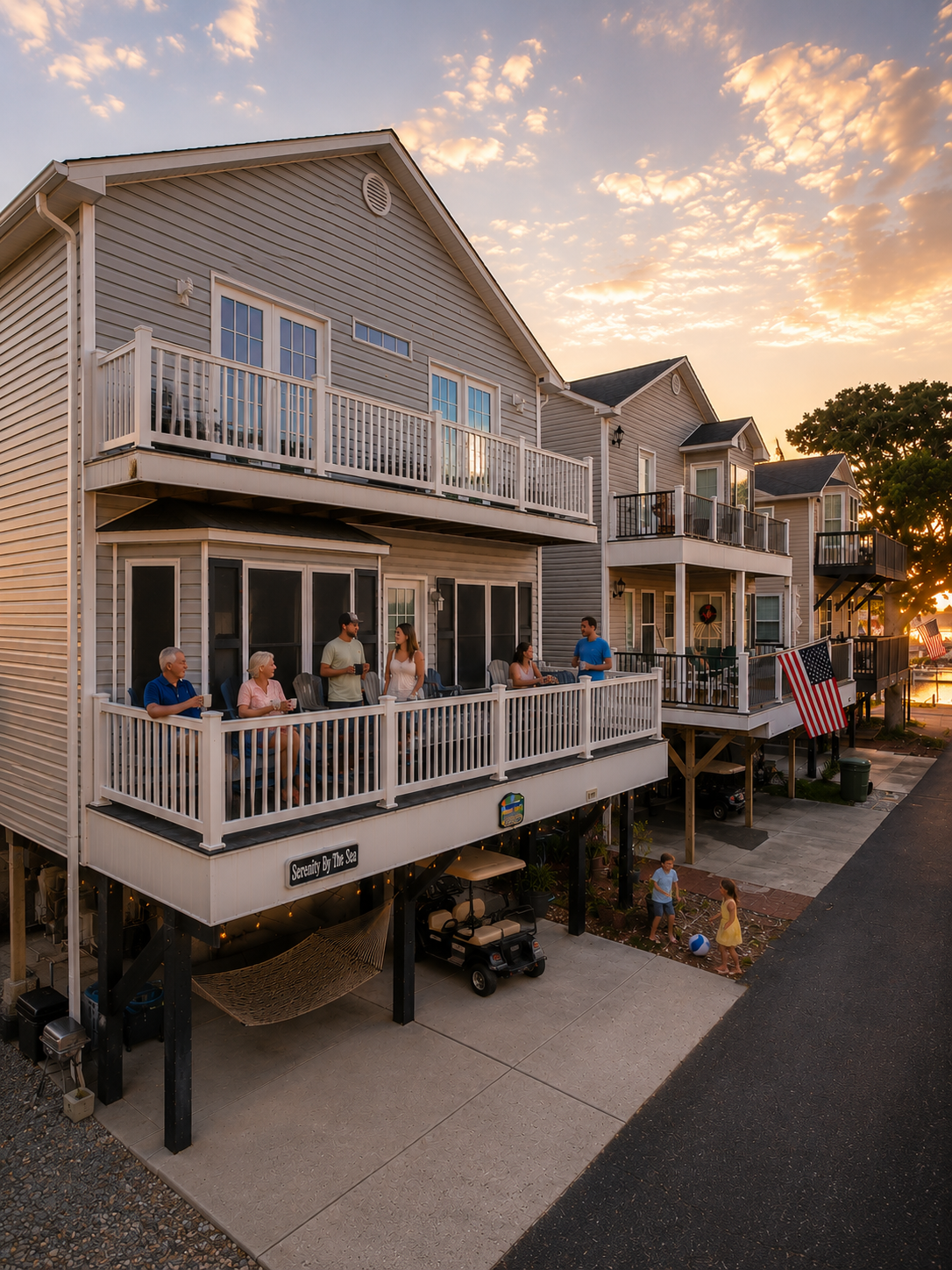 Three generations enjoying a family vacation at a large Ocean Lakes beach house rental with a golf cart parked underneath at sunset.